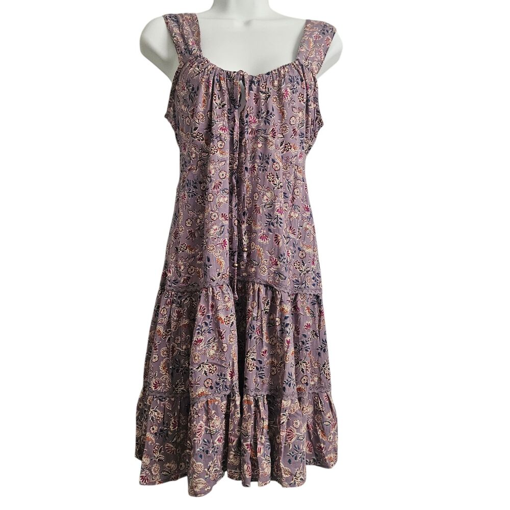 Angie Womens Floral Babydoll Mini Dress Large Purple Boho Tiered Open Back - Picture 2 of 8